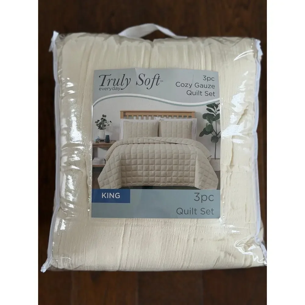 NEW! Truly Soft Cozy Gauze 3pc Quilt Set King Beige Ivory